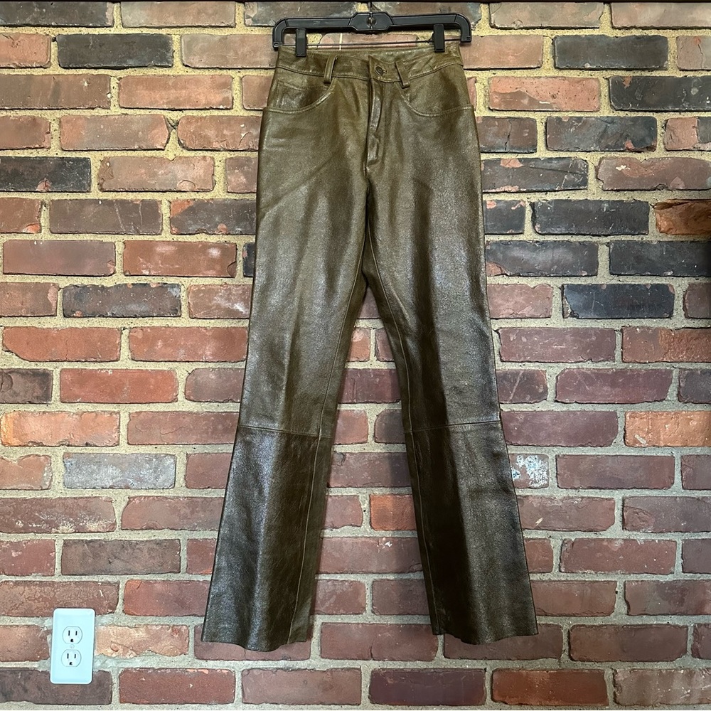 MAXIMA Wilsons weathered green leather lined pants sz 2 (W25 X L30.5) -10” rise
